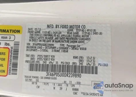 2013 Ford Fusion Energi Titanium z USA, uszkodzony, nr VIN 3FA6P0SU0DR239890